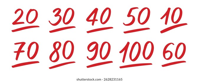Doodle hand drawn test result set. exam score symbols. grade marks collection with red numbers. 10, 20, ... Vector illustration