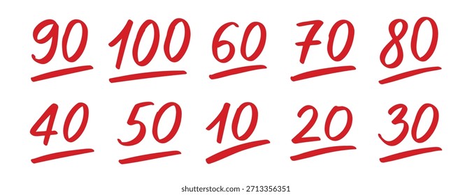 Doodle hand drawn test result set. exam score symbols. grade marks collection with red numbers. 10, 20, ... Vector illustration