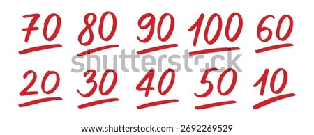 Doodle hand drawn test result set. exam score symbols. grade marks collection with red numbers. 10, 20, ... Vector illustration