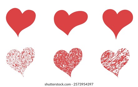 Doodle hand drawn and textured hearts. Love, romantic and valentines design elements. Isolated vector images