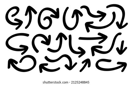 Doodle hand drawn thick black curve abstract line arrows icon design set collection vector.  Pointer direction sketch symbol.