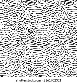 Patrón sin fisuras dibujado a mano por Doodle. Resumen vectorial de fondo floral sin fisuras. Patrón de línea negra ondulada monocromo. Ornamento de huellas digitales. Diseño de rayas monocromáticas con efecto de distorsión