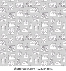 Doodle hand drawn town seamless pattern. Black and white abstract wallpaper. Vector illustration for your cute design.
