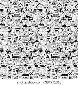 Doodle hand drawn town seamless pattern. Black and white abstract wallpaper. Vector illustration for your cute design.