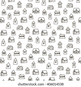 Doodle hand drawn town seamless pattern. Black and white abstract wallpaper. Vector illustration for your cute design.