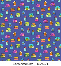 Doodle hand drawn town seamless pattern. Abstract wallpaper. Vector illustration for your cute design.