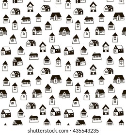 Doodle hand drawn town seamless pattern. Black and white abstract wallpaper. Vector illustration for your cute design.