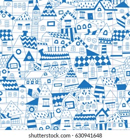 Doodle hand drawn town seamless pattern  are drawn on a notebook in a ruler. Vector illustration for your cute design.