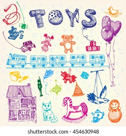 Doodle hand drawn toys. Colored illustration, pale yellow background. Design, shop, ad, child, kindergarten, elementary school.