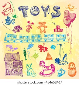 Doodle hand drawn toys. Colored illustration, watercolor background. Design, shop, ad, child, kindergarten, elementary school.