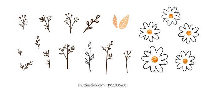 Doodle hand drawn tree branch collection, leaves and daisy flower icon isolated on white background vector illustration.