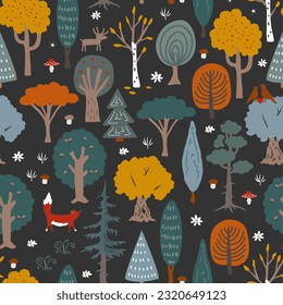 Doodle hand drawn trees and bushes. Vector autumn forest illustration on dark background. Cartoon flat Scandinavian style, design textile fabric, wrapping paper, wallpaper, kids.