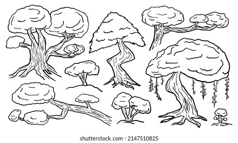 diseño de árboles dibujados a mano de doodle arte esquema vectorial colección de plantillas para libro de colorido y paisaje gráfico