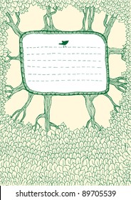 Doodle hand drawn trees and leaves background.