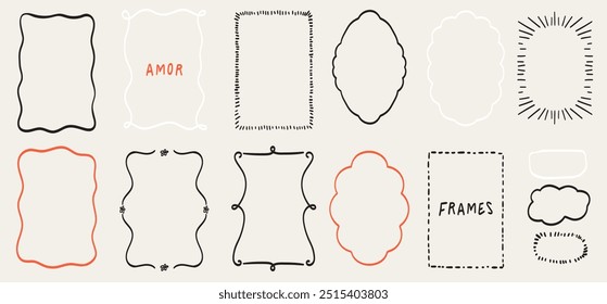 Doodle hand drawn trendy frame collection with swirls and wavy lines. Borders for wedding invitations, birthday card, lunch menus. Squiggly and wavy frame design. Minimalist line art decorations.