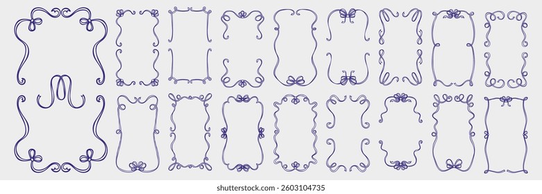 doodle hand drawn trendy frame set. rectangular, oval shape vintage borders with wavy lines, bow and ribbon