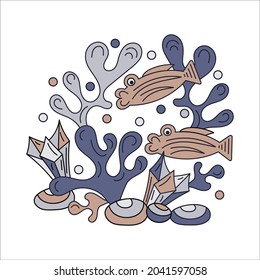 Doodle Hand drawn Underwater background. Vector fishes, algae, crystals . Ocean or aquarium.