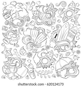 Doodle hand drawn vector abstract background, texture, pattern, wallpaper, backdrop. Collection of summer elements. Summer vacation, travel, recreation. Anti-stress coloring book page for adults