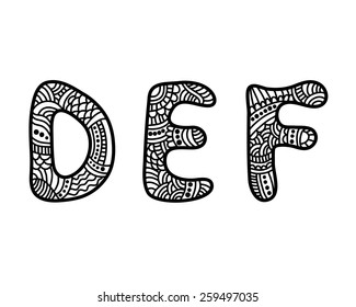 Doodle hand drawn vector alphabet. DEF letters. Zentangle