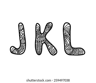 Doodle hand drawn vector alphabet. JKL letters. Zentangle