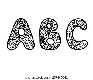 Doodle hand drawn vector alphabet. ABC letters. Zentangle