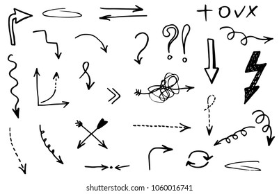 Doodle hand drawn vector arrows. Marker, isolated