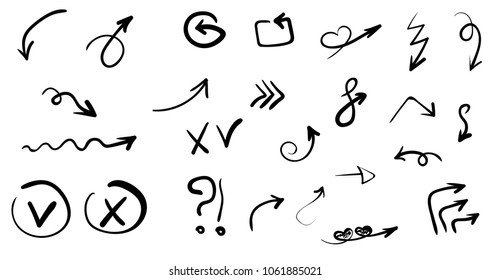 Doodle hand drawn vector arrows set. Isolated on white background