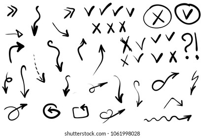 Doodle Hand Drawn Vector Arrows, Tick And Cross Icons Set. Isolated On White Background