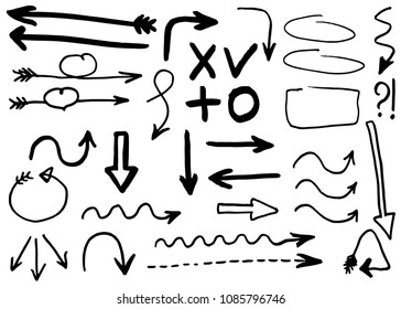 Doodle hand drawn vector arrows set