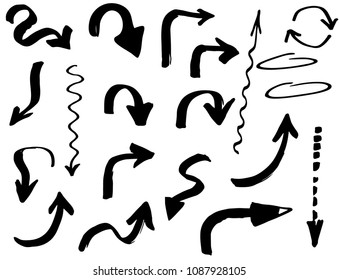 Doodle hand drawn vector arrows set. Pointer isolated black symbols on white background