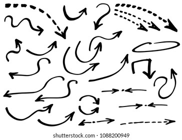 Doodle hand drawn vector arrows set. Pointer isolated black symbols on white background