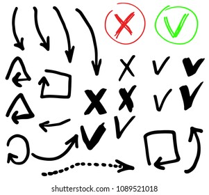 Doodle hand drawn vector arrows, tick and cross set. Pointers isolated  symbols on white background