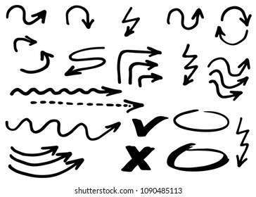 Doodle hand drawn vector arrows set. Pointer isolated black symbols on white background