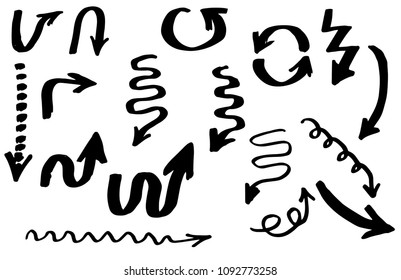 Doodle hand drawn vector arrows set, isolated freehand pointers