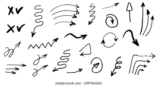 Doodle hand drawn vector arrows set. Isolated on white background, thin strokes