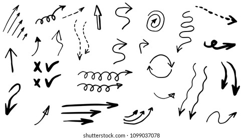 Doodle hand drawn vector arrows set. Isolated on white background