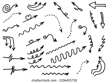 Doodle hand drawn vector arrows set. Isolated on white background