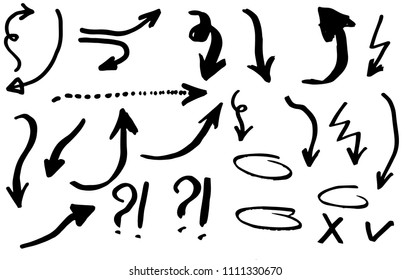 Doodle hand drawn vector arrows set. Isolated on white background