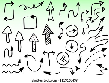 Doodle hand drawn vector arrows set. Grunge pointers, isolated on green background