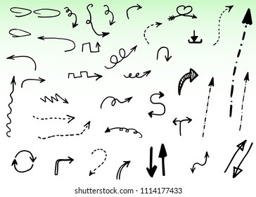 Doodle hand drawn vector arrows set. Grunge pointers, isolated on green background