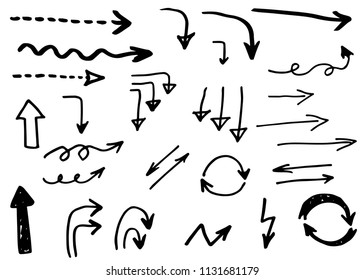 Doodle hand drawn vector arrows set. Isolated on white background