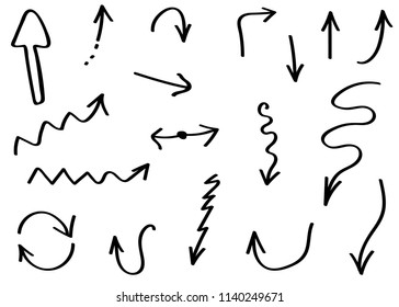 Doodle hand drawn vector arrows set. Isolated on white background