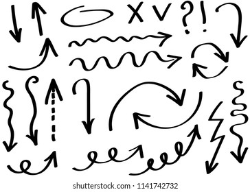 Doodle  hand drawn vector arrows set. Isolated on white background