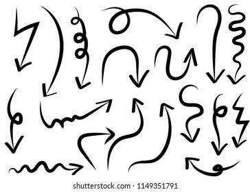 Doodle hand drawn vector arrows set. Isolated on white background