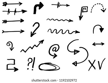 Doodle hand drawn vector arrows set. Isolated on white background