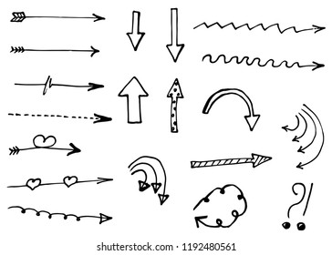 Doodle hand drawn vector arrows set. Isolated on white background