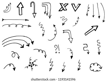 Doodle hand drawn vector arrows set. Isolated on white background