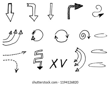 Doodle hand drawn vector arrows set. Isolated on white background
