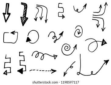 Doodle hand drawn vector arrows set. Isolated on white background