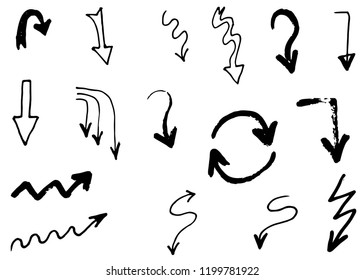 Doodle hand drawn vector arrows set. Isolated on white background